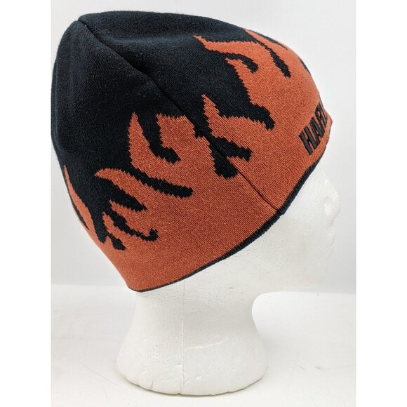 2006 Harley-Davidson Flame Fire Beanie Black Orange Men Vintage Y2k 00s Hat Bike - Picture 4 of 10